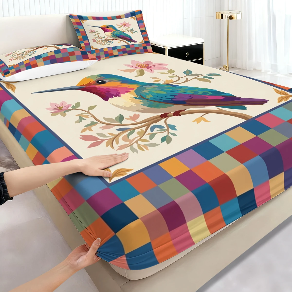 3PCS Patchwork Hummingbird Floral Fitted Sheet Set, Elastic Mattress Cover with Pillowcases, Colorful Plaid Bedding Decor