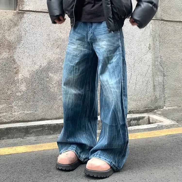 Men's Vibe Texture Pattern Jeans Wide Legs Sweatpants Summer Bottom Cool Boy Casual Pants Male High Waist Y2k Cool Trousers
