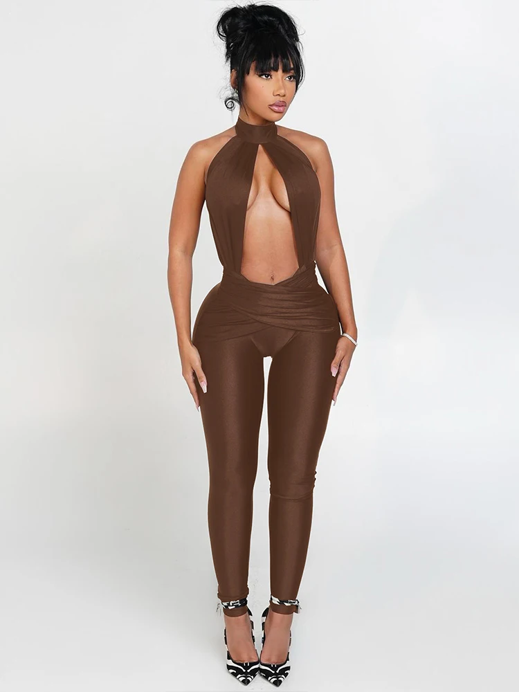 بدلة قفز غريبة بدون ظهر للسيدات مثيرة مجوفة وخصر مرقع مكشكش للنشاط منتصف الليل ملابس خروج