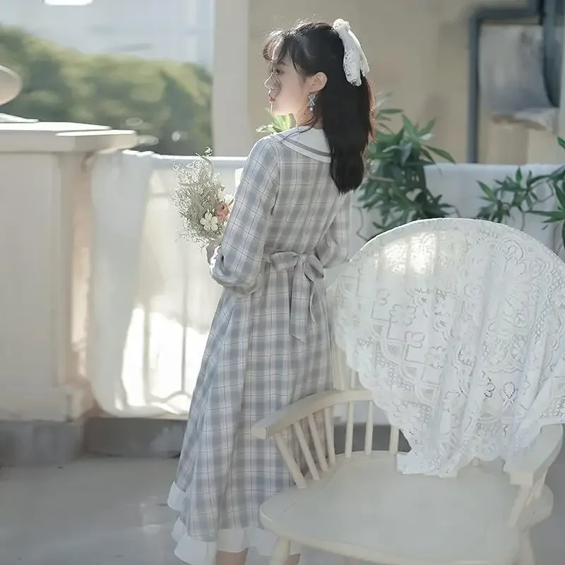Femme primavera verão moda simplicidade impressão xadrez vestidos casuais roupas femininas moda arco estilo jovem manga longa dres