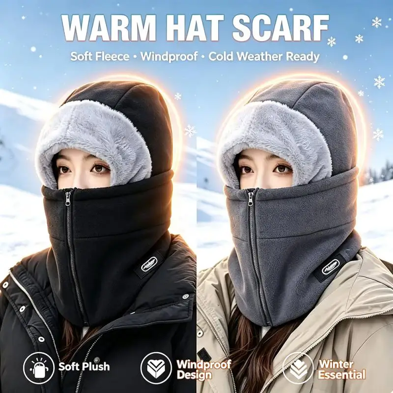 Winter Unisex Warm Windproof Cycling Neck Gaiter With Zipper Design Integrated Cap Thermal Liner for Bike Riding Skiing