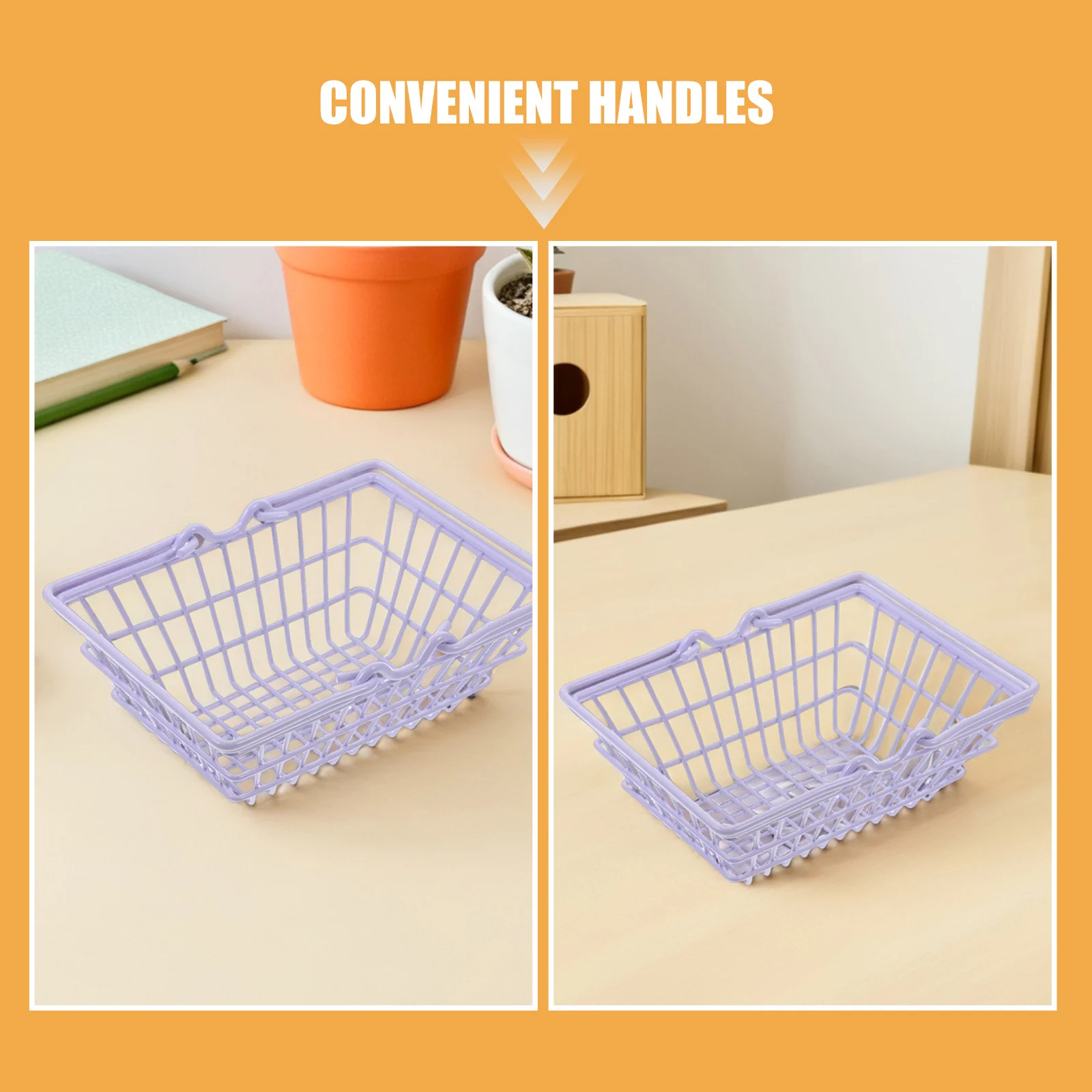 ตะกร้าช้อปปิ้งขนาดเล็ก 2 ชิ้น ตะกร้าลวดใส่ของชำสำหรับเด็กเล่น มีหูหิ้ว พกพาสะดวก ใช้จัดเก็บของตกแต่งบ้าน กล่องจัดระเบียบขนาดเล็ก
