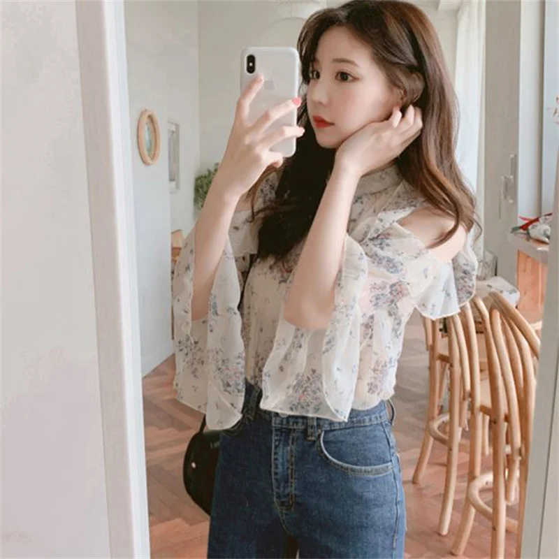 Blusas Mujer De Moda 2024 Sexy Off Shoulder Summer Shirt Chiffon Blouse Pullover Women Floral Loose See-though Ruffle Tops