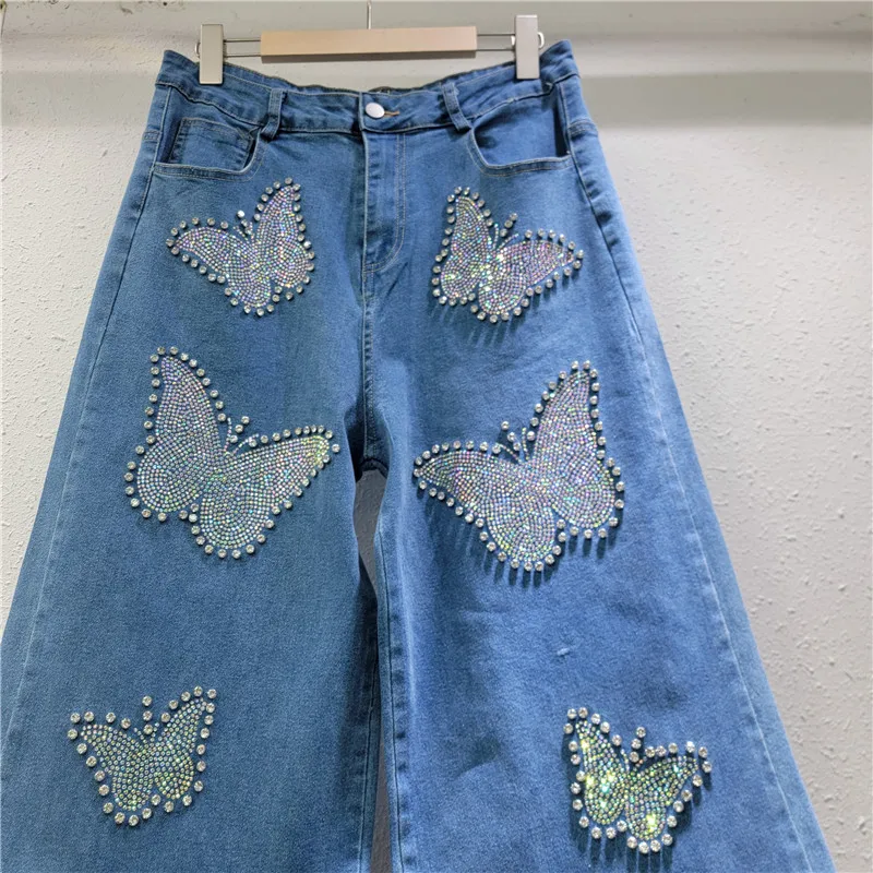 New Casual Hot Diamond Beads Butterfly High Waist Elastic Jeans Women's Wide Leg Floor Pants Summer 2025 Trendy Loose Trousers