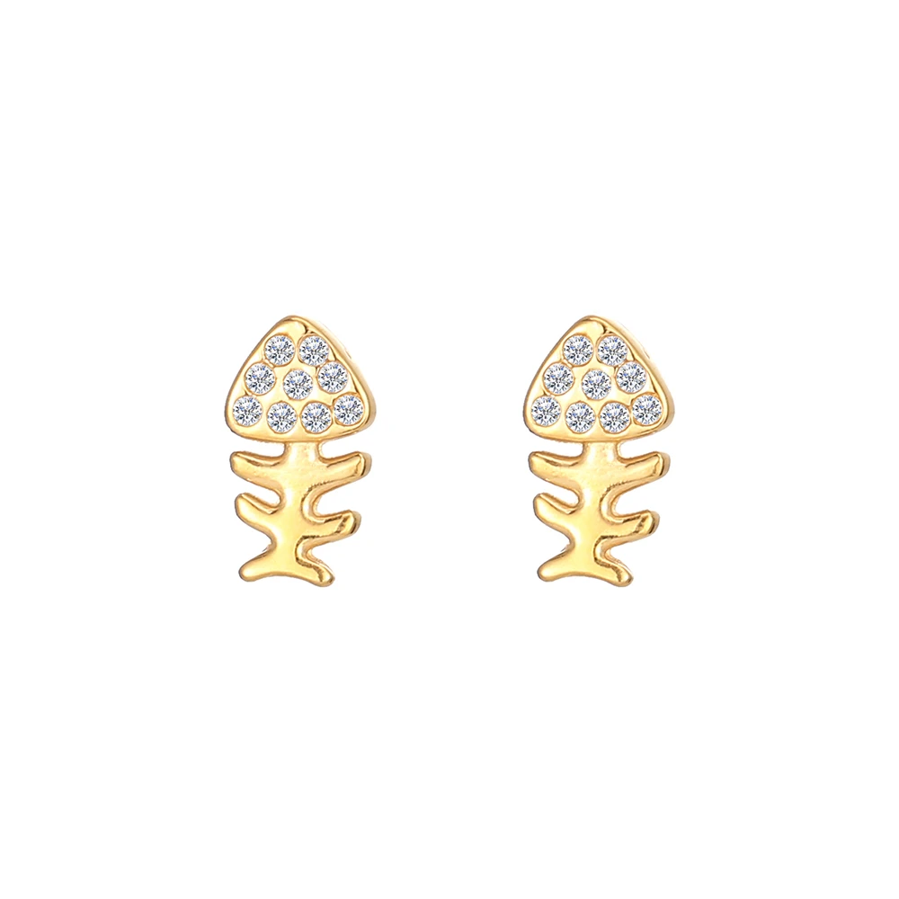 Stainless Steel Fish Bone Zircon Stone Fashion Minimalism Stud Earrings Jewelry Gift For Women