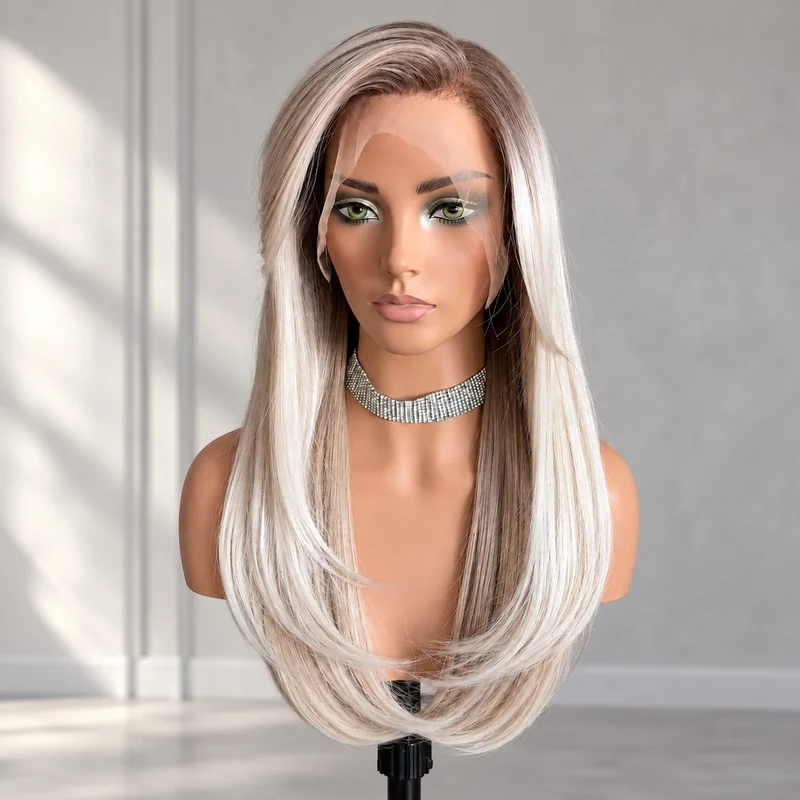 13x6 Lace Front Wig Ash Brown Roots Silver Blonde Highlights Long Silky Straight Layered Natural Look Full Wig for Women