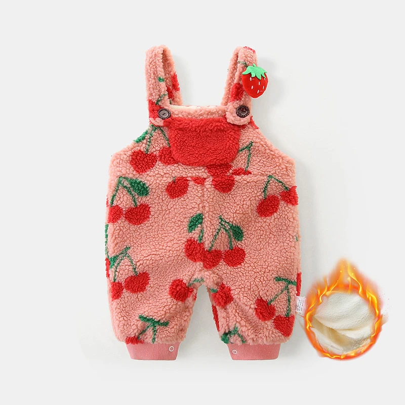 

Cherry Printed Children Plush Jumpsuit 2023 Fall Winter Toddler Girls Strawberry Lamb Fleece Thickened Warm Strap Pants