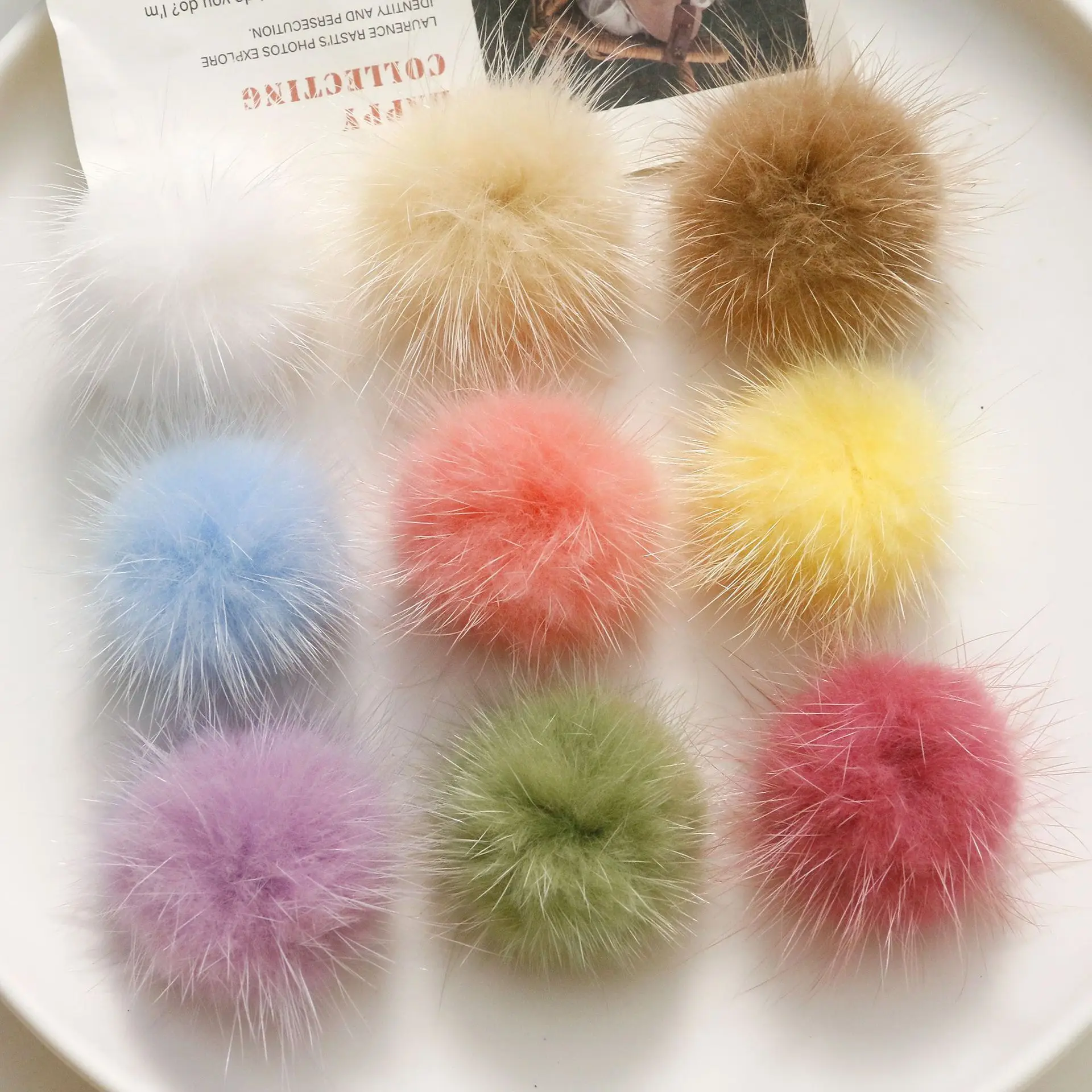 

Winter style 40pcs/lot 40pcs/lot color print fur rounds shape fluffy balls diy jewerlyl earring/garment/hair accessory