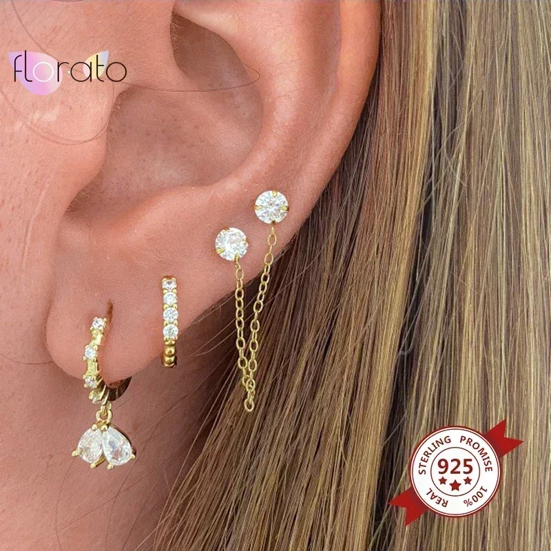 Pendientes de aro con colgante de circonita blanca elegante con aguja de Plata de Ley 925 para mujer, pendientes de oro de 18K con forma de gota de agua de lujo, joyería INS