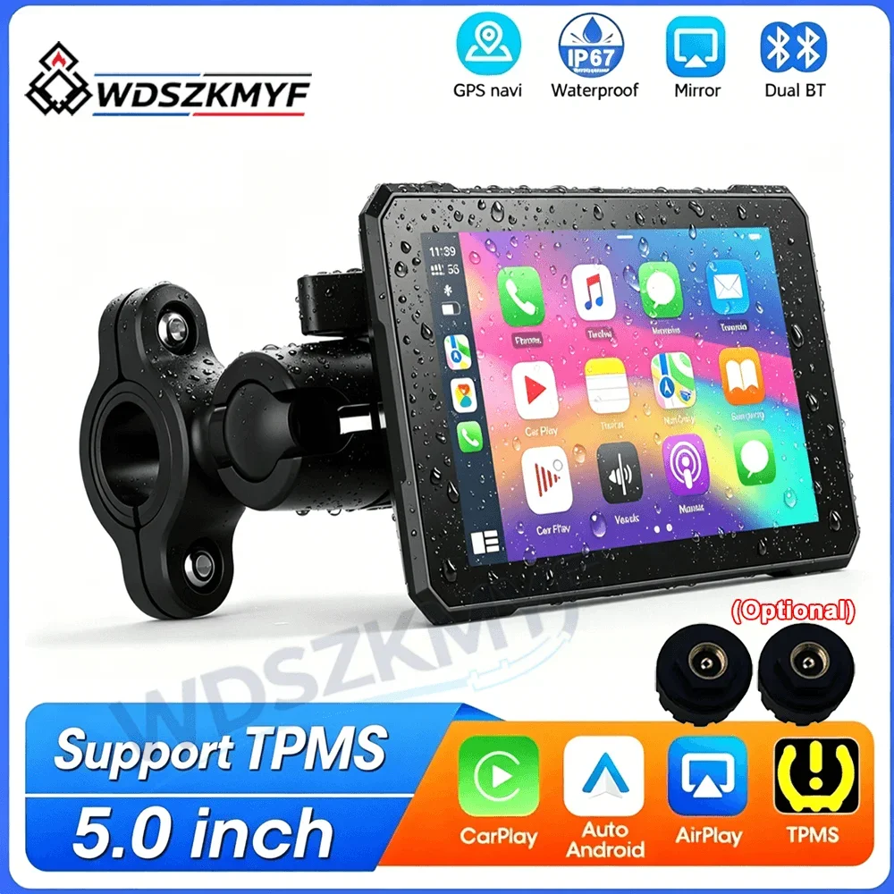 5 Inch Motorcycle Display Screen Carplay Portable Digital Motorcycle Dashboard Android Car IP68 Waterproof BT Supports TPMS
