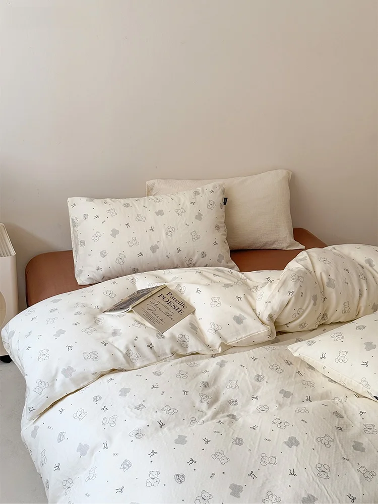 

Ультрамягкий двухслойный хлопковый комплект постельного белья с милым принтом, приятный для кожи, для комфортного сна, комплект из четырех предметов
