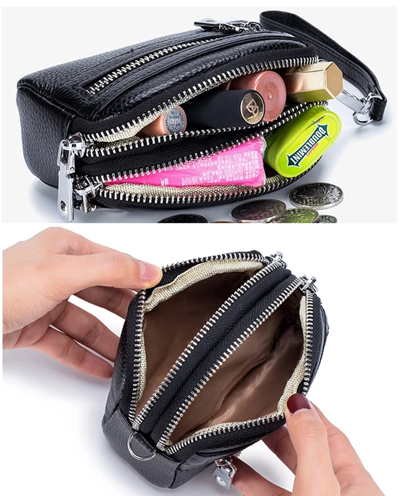 Genuine Leather Women Mini Wallet Double Zipper Coin Purse Small Clutch Bag Multi-Functional Card Holder Wallet