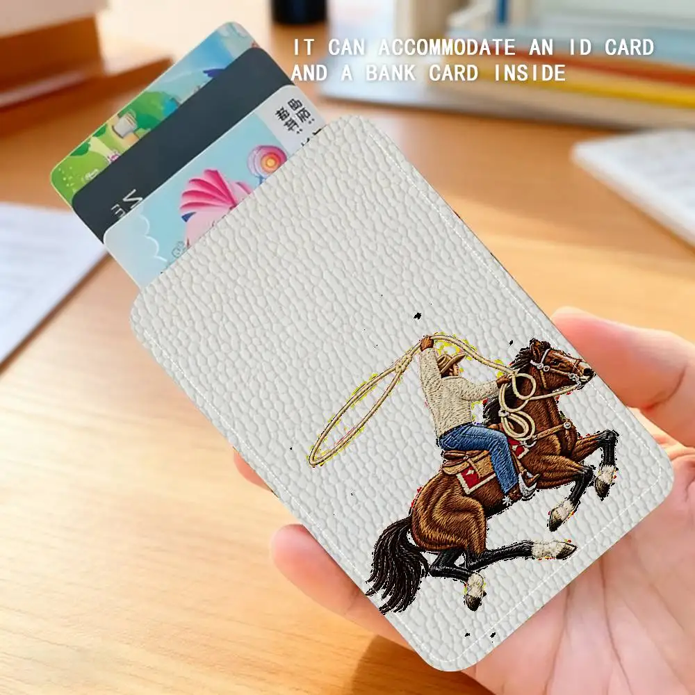 Horse Riding Lichee Leather Sign Rectangle Keychain Card Holder, Badge Credit Card Holder, Student Card Holder, Bus Cards Cover