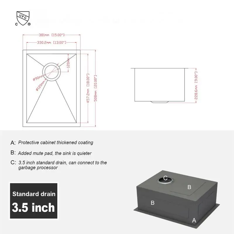 حوض سفلي مقاس 15 بوصة - حوض مطبخ من الفولاذ المقاوم للصدأ مقاس 15 × 20 بوصة × 9 بوصة، حوض وعاء واحد عميق 16 مقياسًا