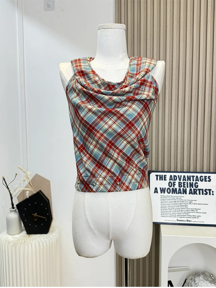 Summer Women Harajuku Fashion Plaid Hoodies Tank Top Hot 2000s Aesthetic Coquette Crop Tops Gyaru Kpop Sleeveless Design Chic