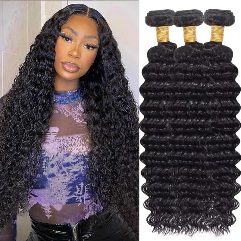 Mechones brasileños de ondas profundas, 100% cabello humano rizado profundo sin procesar, 1/3/4 mechones de cabello humano ondulado profundo de grado, Color Natural