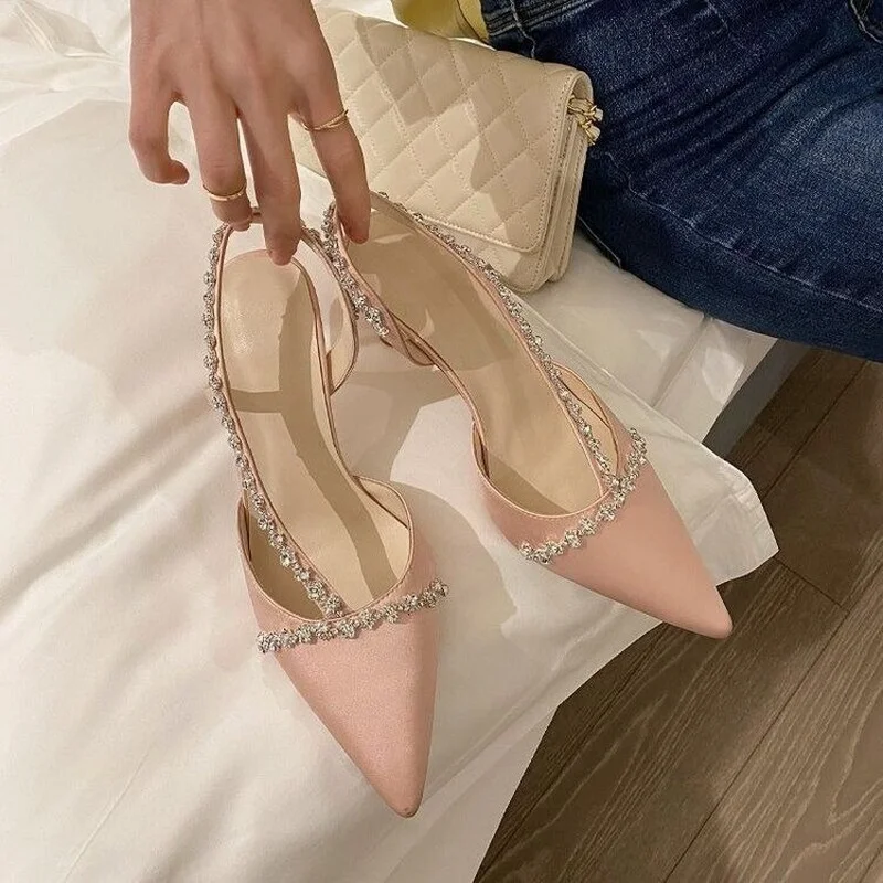 Zapatos de tacón pequeño con punta estrecha para mujer, Sandalias de tacón alto de aguja con diamantes de imitación Baotou, a la moda, combinan con todo