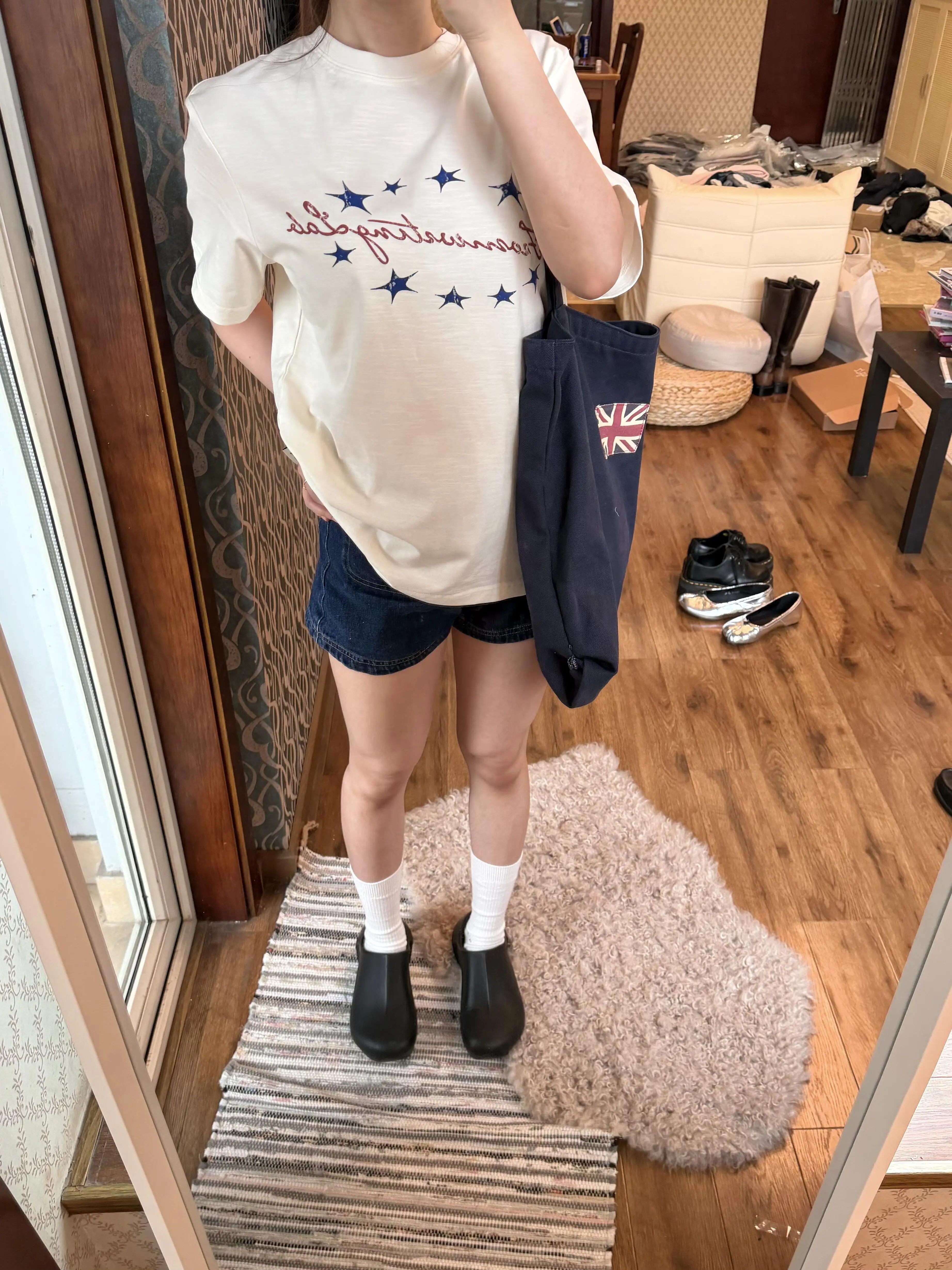 Vintage Inspired Japanese Style Hand Drawn Star Weathered Print Breathable Loose Fit Pure Cotton Heavyweight Short Sleeve T-S...