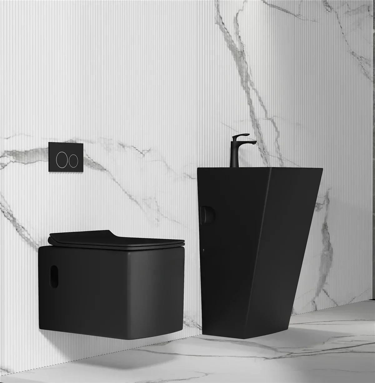 Matte black modern hotel bathroom sanitary ware suite wc hand wash pedestal basin ceramic wall hung toilet set with sink