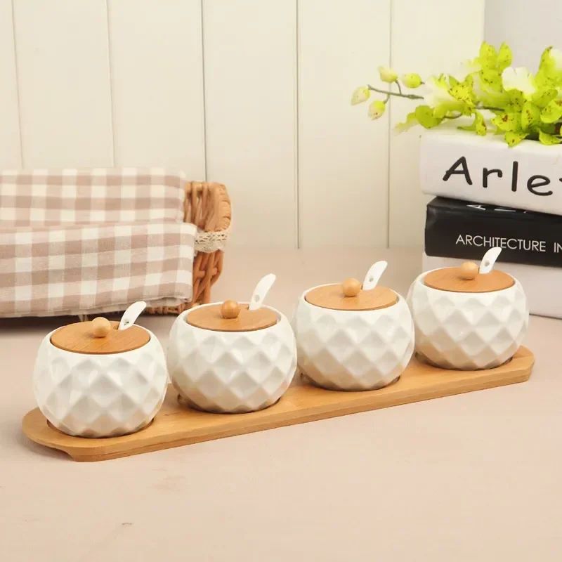 1-6pcs/Set Ceramic Seasoning Jar Kitchen Supplies Spice Box Kit with Wood Tray 190ml Sugar Can Salt Shaker Chili Storage Pot - view 3