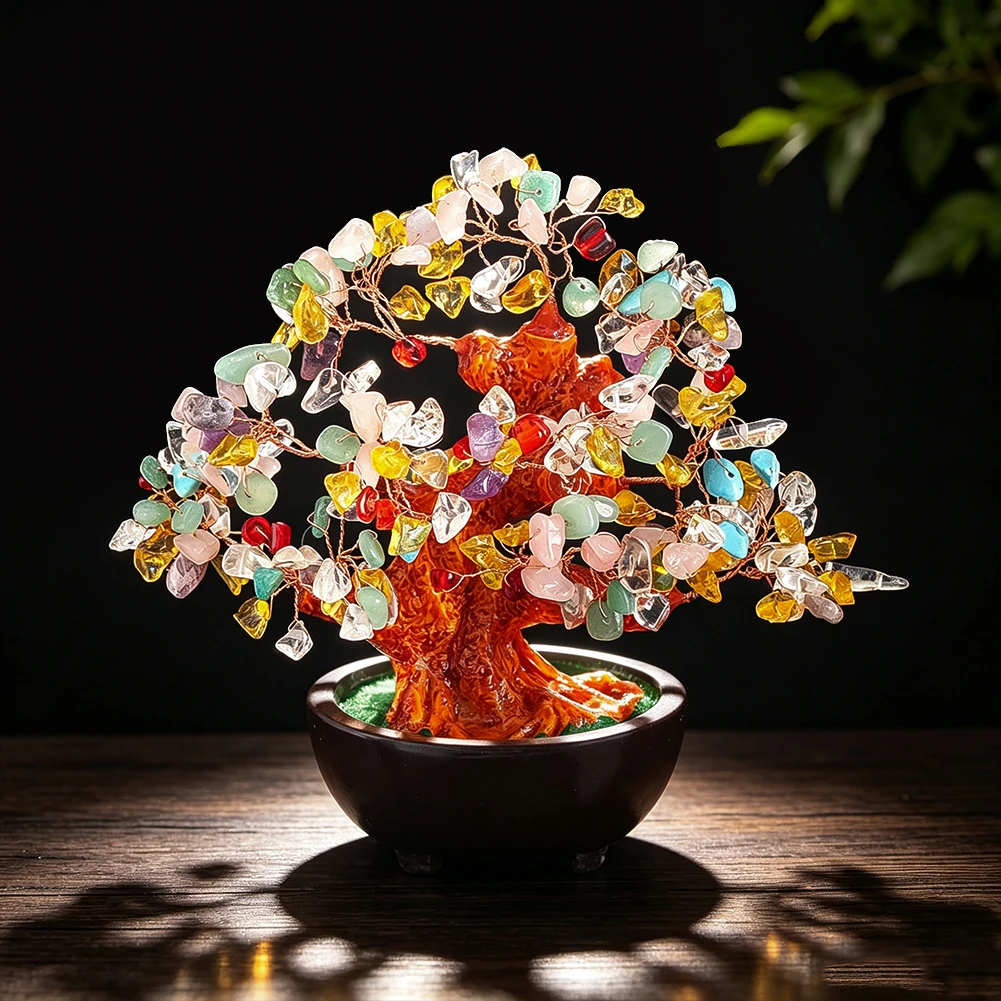 Handgefertigter Natürlicher Chakra-Kristall-Glücksbaum mit Harzstamm und Keramikbasis, Heilstein-Bonsai-Ornament, Einweihungs- und Geschäftsgeschenk – Detail 4