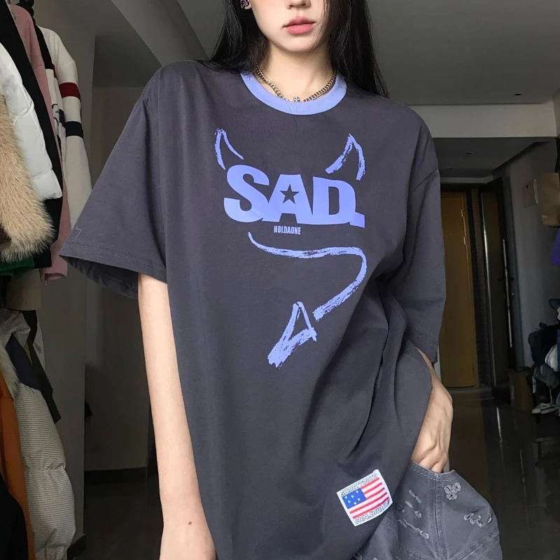 2023 Summer O-neck Half Sleeve Women T-shirt Loose Short Sleeve Devil Wings 3D Decoration Top High Street Cotton Fashion Tees