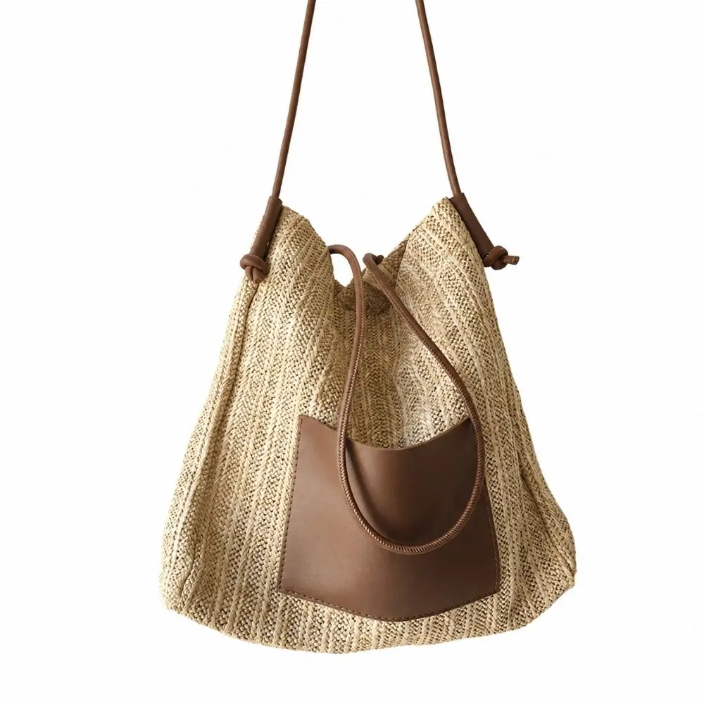 Straw Woven Straw Tote Bag Thick Material PU Strap Shoulder Purse Large Capacity Lightweight Woven Beach Bag Beach Vacation
