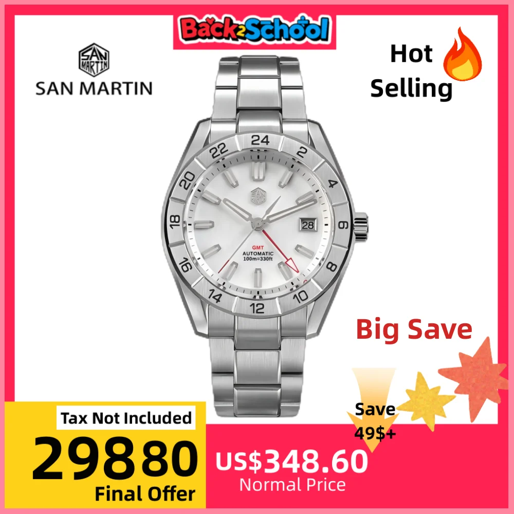

San Martin 42 мм Мужские часы NH34 GMT Натуральный циферблат швабры 3H Date Swim Автоматический сапфир BGW-X1 Синее светящееся платье Reloj SN0130
