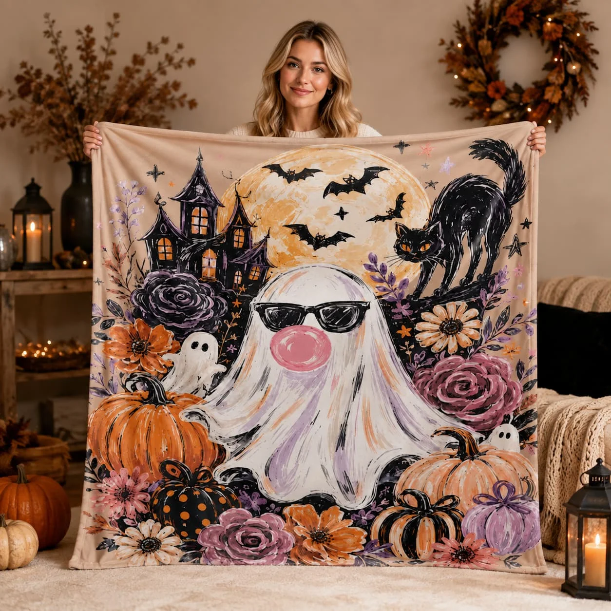 Ghost Blowing Bubble Gum Blanket, Cute Halloween Blanket, Girly Haunted House Throw, Brushstroke Floral Fall Blanket, Spooky Gift