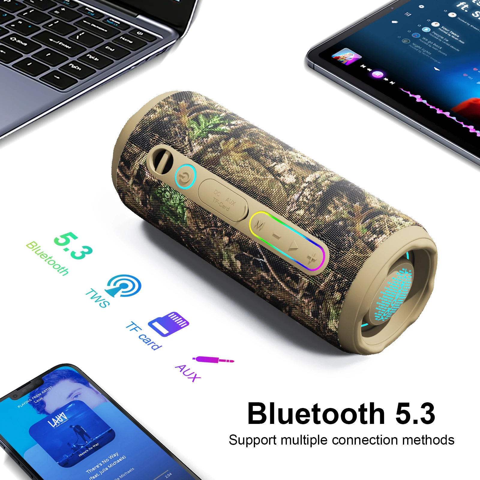 Outdoor Bluetooth Speaker IPX7 Waterproof 24W Deep Bass Stereo RGB Light 12H Playtime Wireless Speaker Micro SD AUX Camp