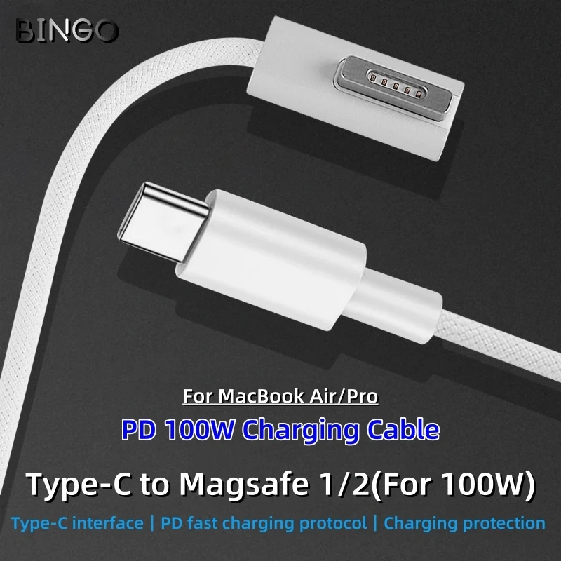 100W Type-C to Magsafe 1L/2T Fast Braided Charging Cable, Suitable for MacBook Air/MacBook Pro 45W 60W 85W, Safe, Fast & Durable