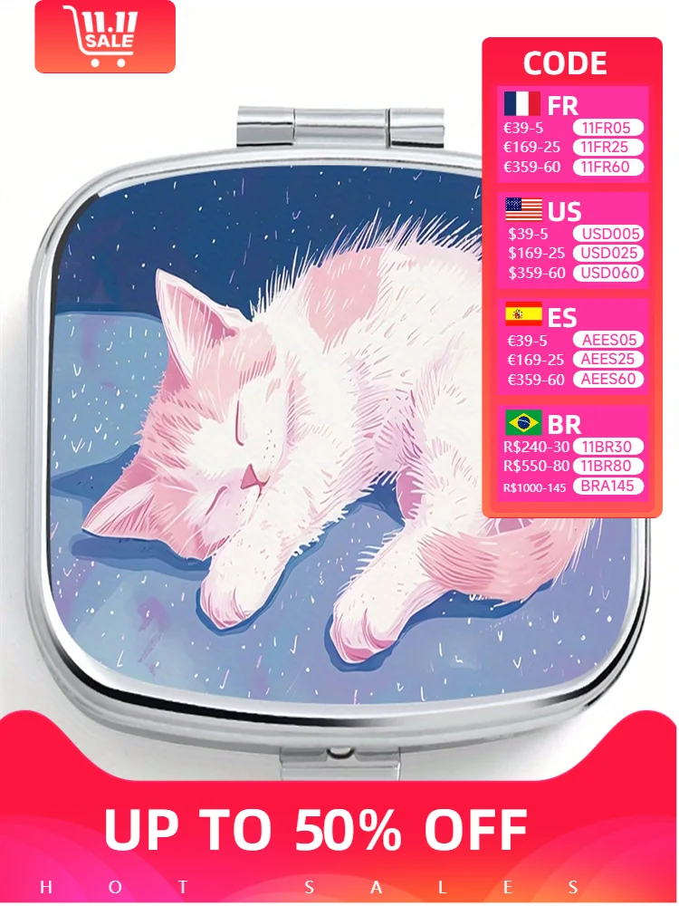 Sleepy Cat Printed Square Pill Box, 2 Grid Pill Box, Travel Portable Pill Box Outdoor Sports Pocket or Wallet Bag