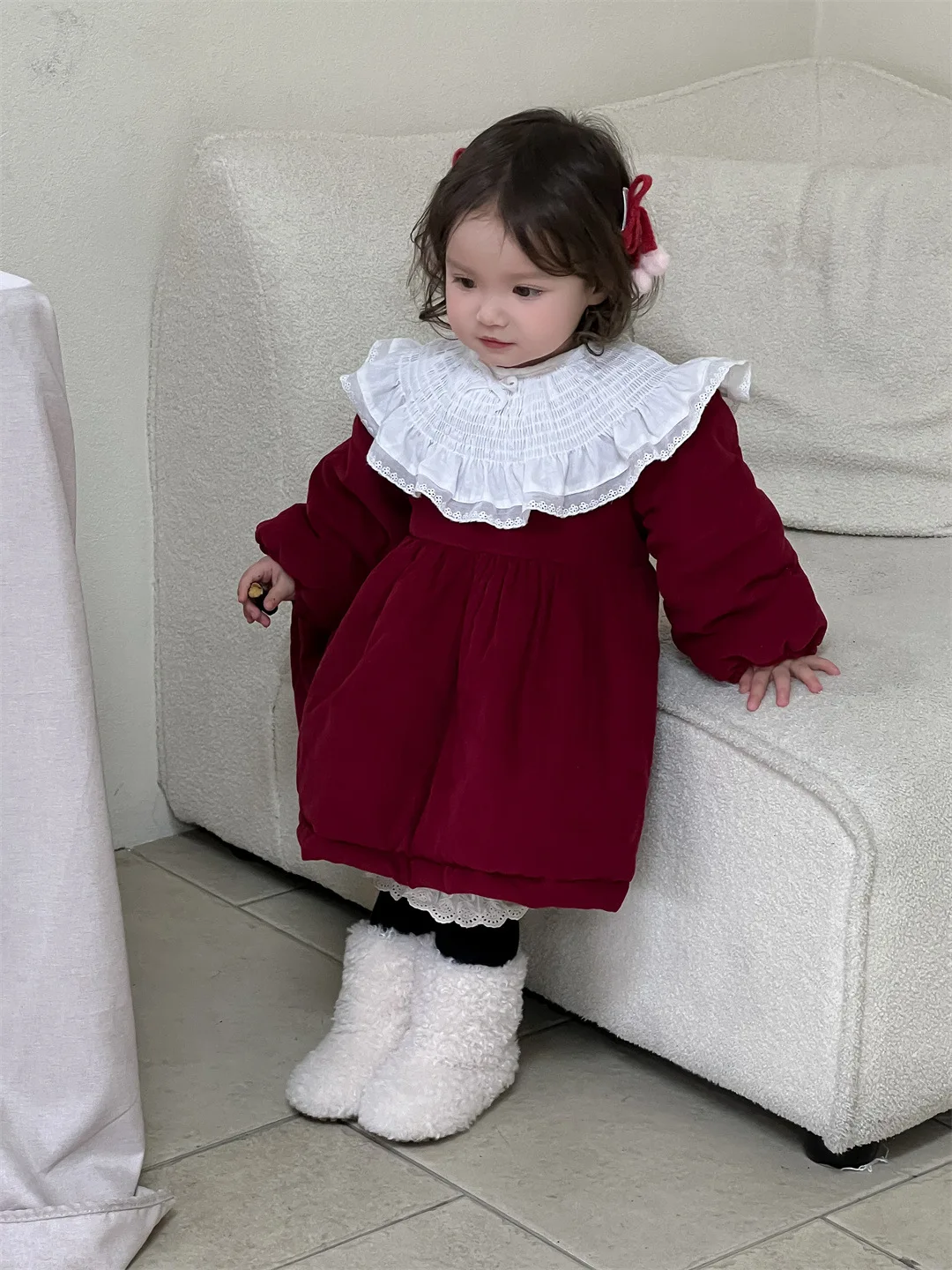 2024 Winter New Baby Girls Large Lace Collar Princess Dress Plus Velvet Thick Girls Fleece Padded Dress Infant Toddler Clothes