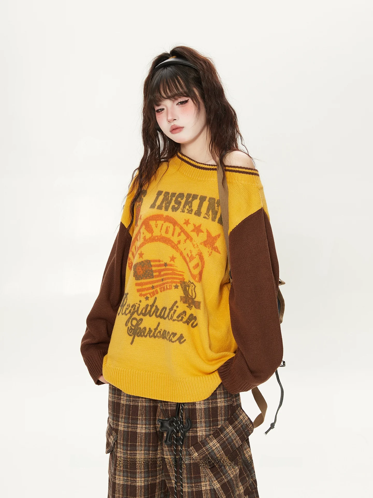 American Retro Spliced Color Block Print Large Collar Women's Sweater Loose Casual Shoulder Slanting Knitted Shirt Lazy Style