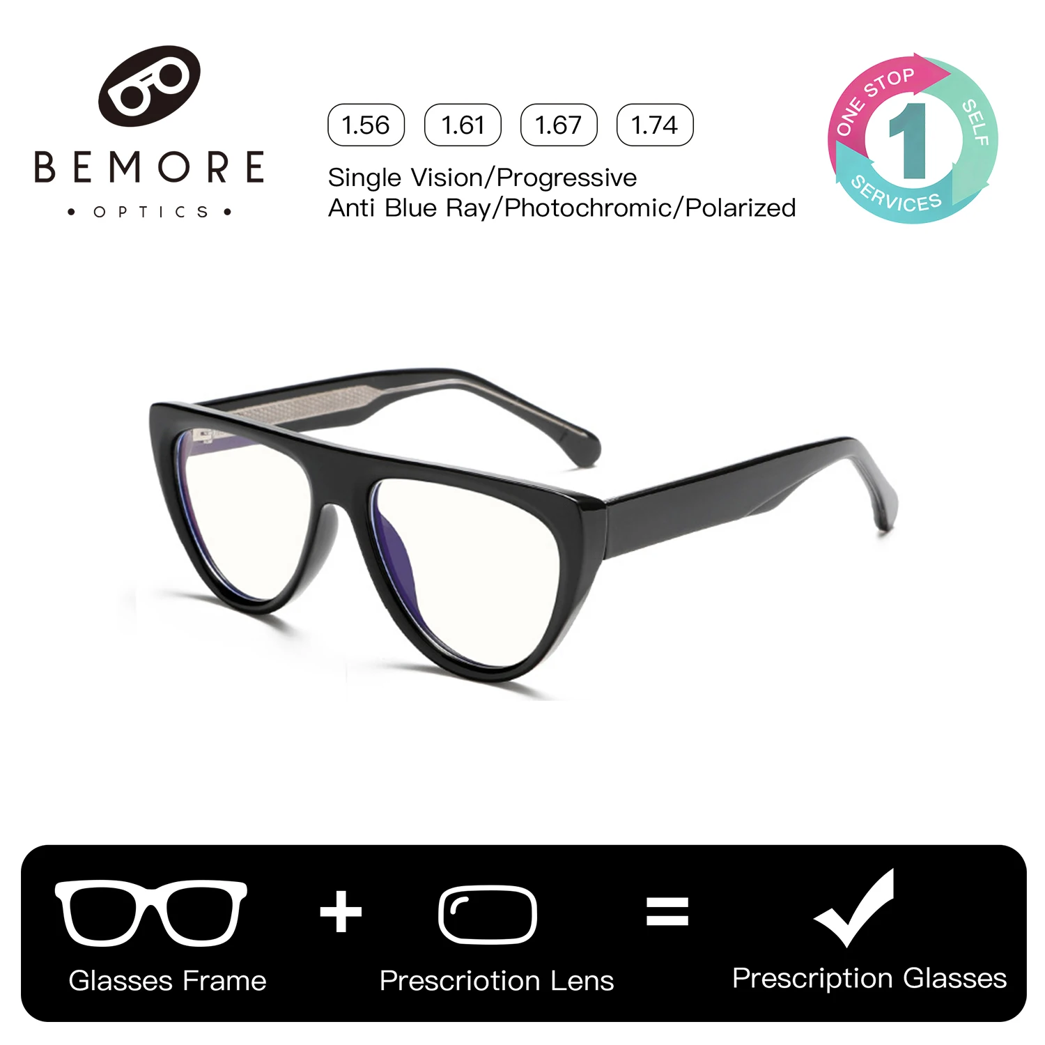 

BEMORE Square Acetate Prescription Eyeglasses Photochromic Anti Blue Light Women's Optical View Glasses