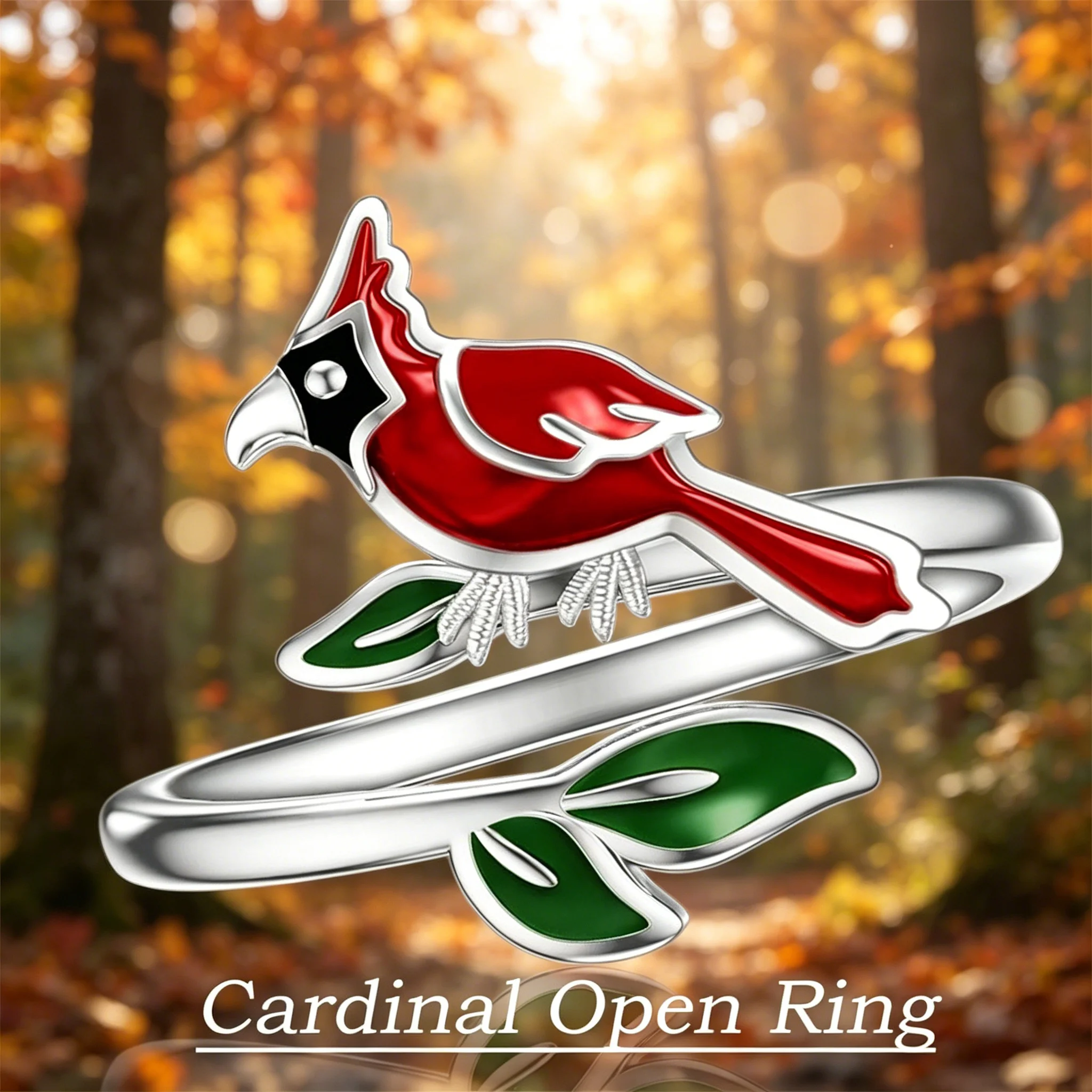 Silvery Zinc Alloy Cardinal Ring Green Leaves Enamel Bird Lover Memorial Gift for Women Girls