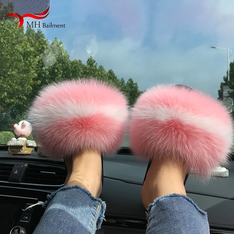 Fur Slippers Women Summer Fluffy Plush Casual Fluffy Flat Non-Slip Real Fox Fur Slides Outdoor Flat Ladies Sandals Flip Flops