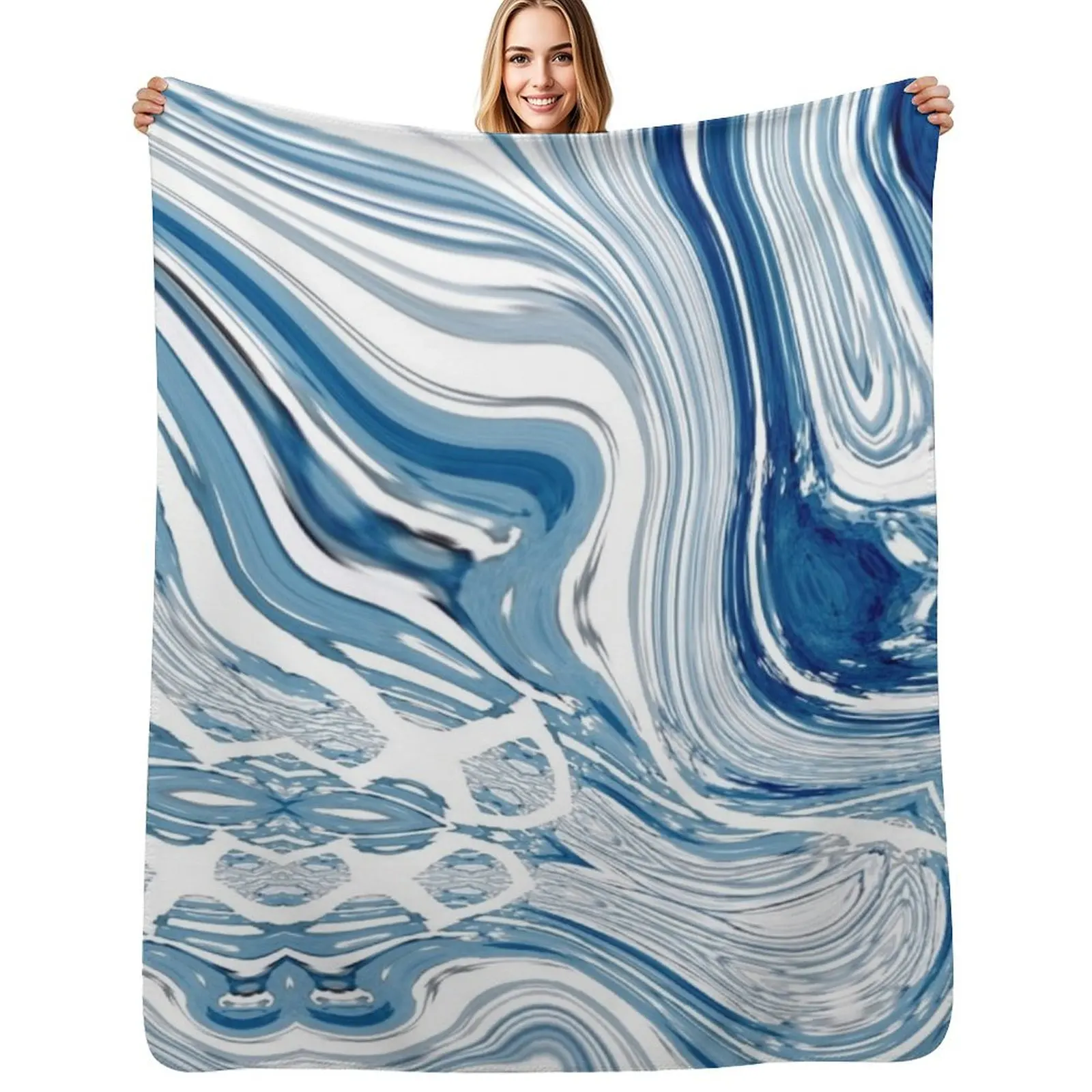 preppy chic nautical beach blue marble swirls Throw Blanket Stylish Decor Blanket Gift for Friends Roommate