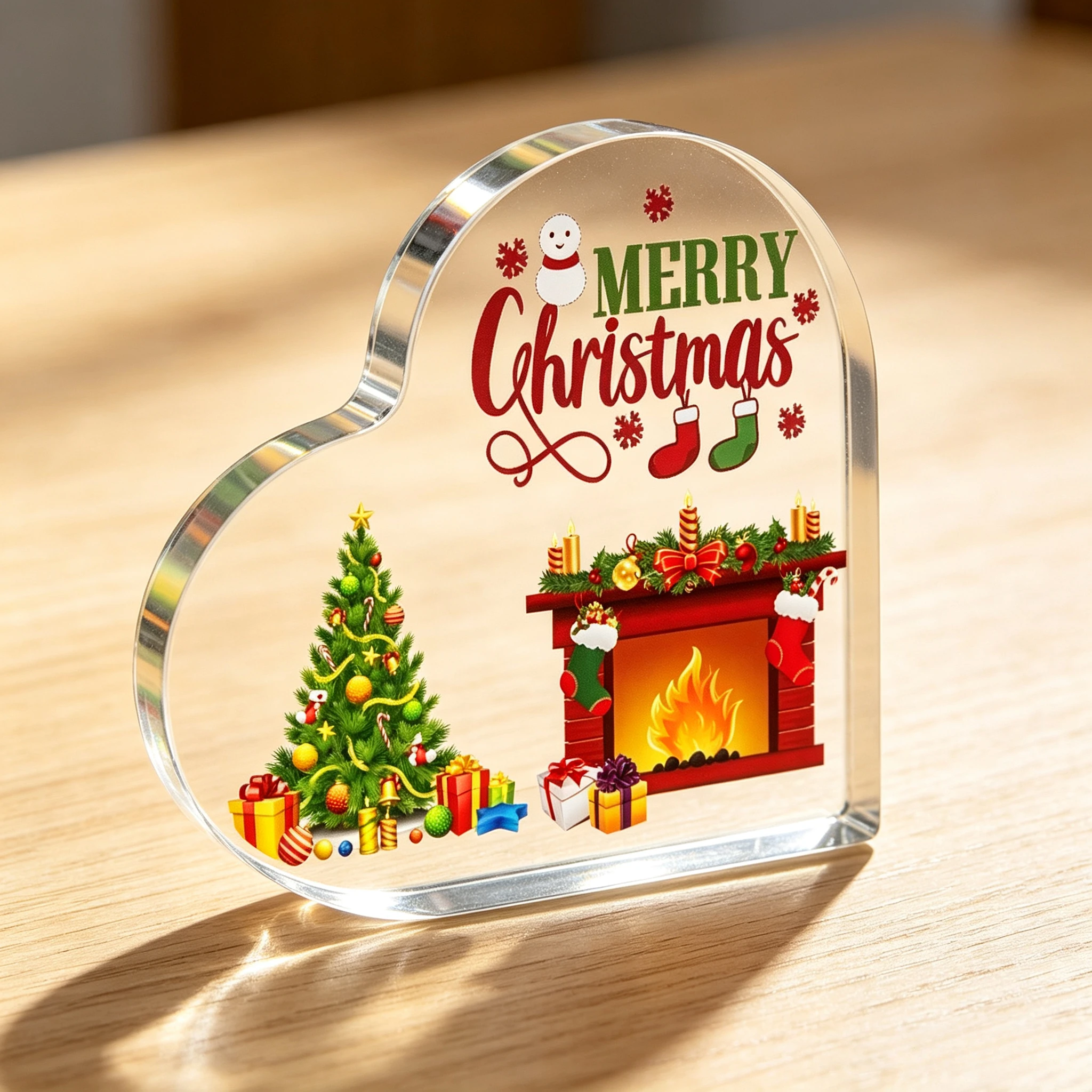 2D Flat, Christmas Fireplace Heart Shaped Acrylic Plaque, Christmas Tree Acrylic Heart Keepsake Home Decor, Christmas Socks Acrylic Desktop Ornament, Gift for Christmasseasonal Decoration, Collectible Figurines