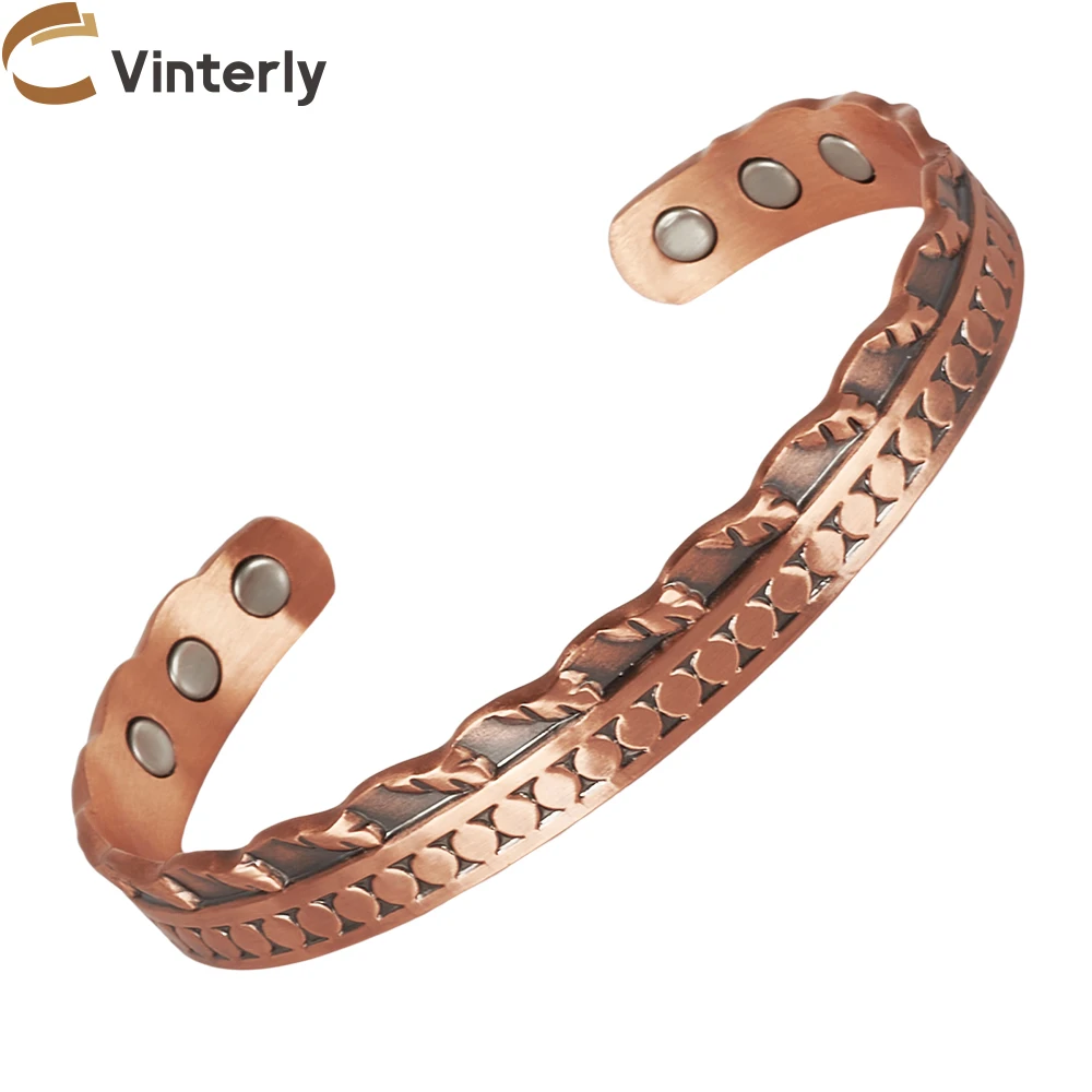 Vinterly Pure Copper Bracelets Magnetic Arthritis Adjustable Leaf High Magnets Bangles Vintage Metal Resizable Jewelry Men Women