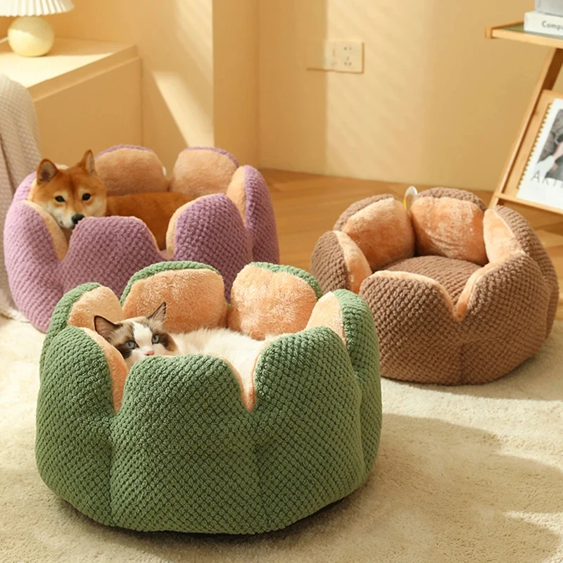 Petal-Shaped Cat Bed Round Pet Plush Kennel Winter Warm Kittens Goods Fluffy Cat Bed Basket Pet Dog Cushion Puppy House Supplies