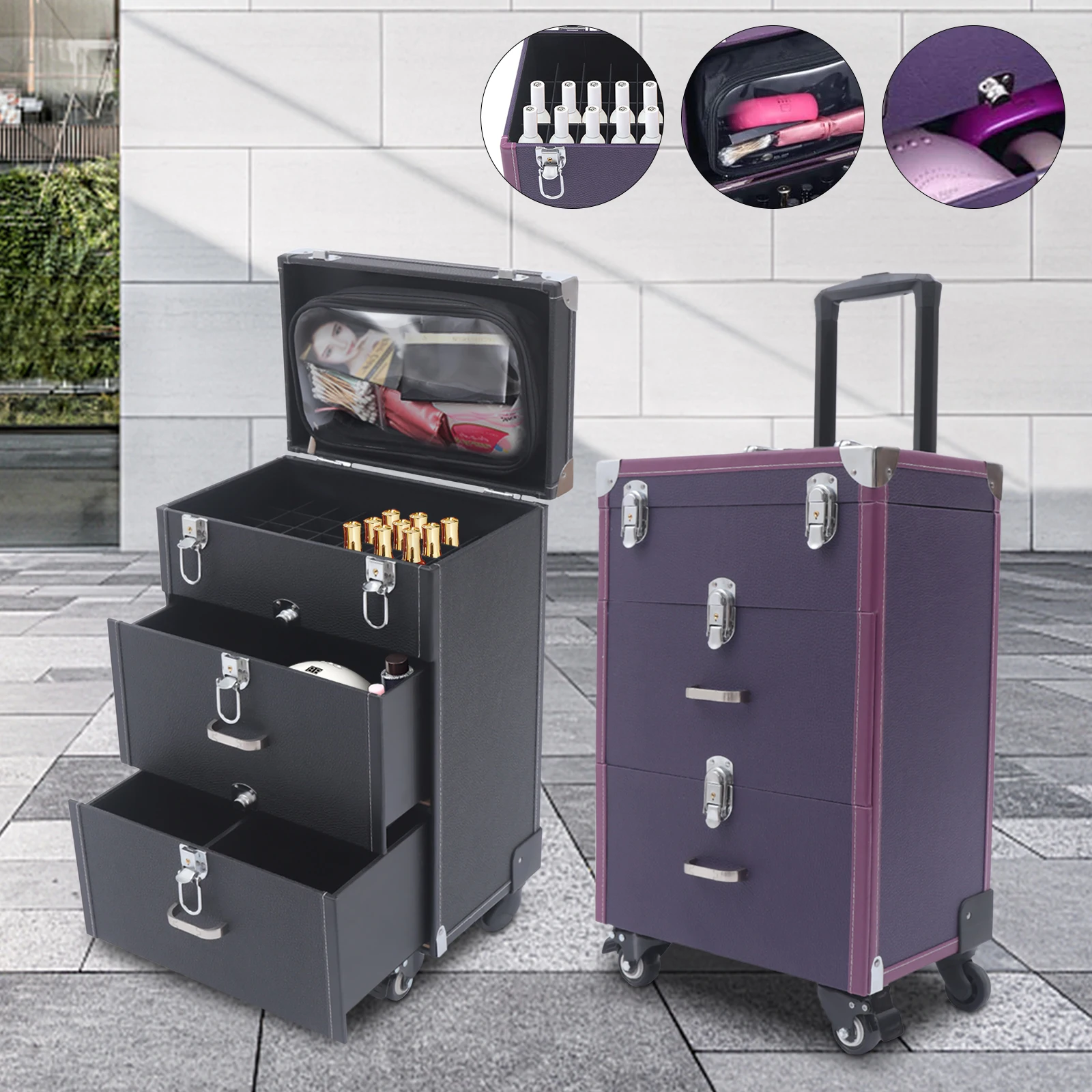 

Professional Rolling Tattoo Nail Trolley Case Poratable Makeup Train Case with Keys 45 Compartments Storage Box Home Accessorie