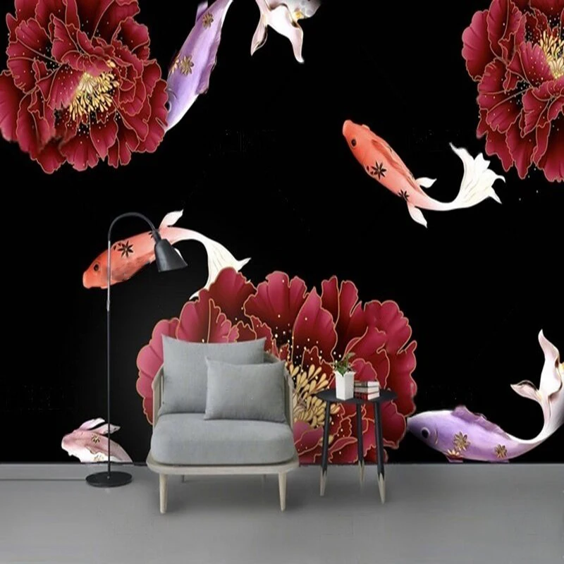 

Красивая 3D стереоскопическая пион с рыбой на каждый год, роскошное украшение для дома, фон для спальни, стена