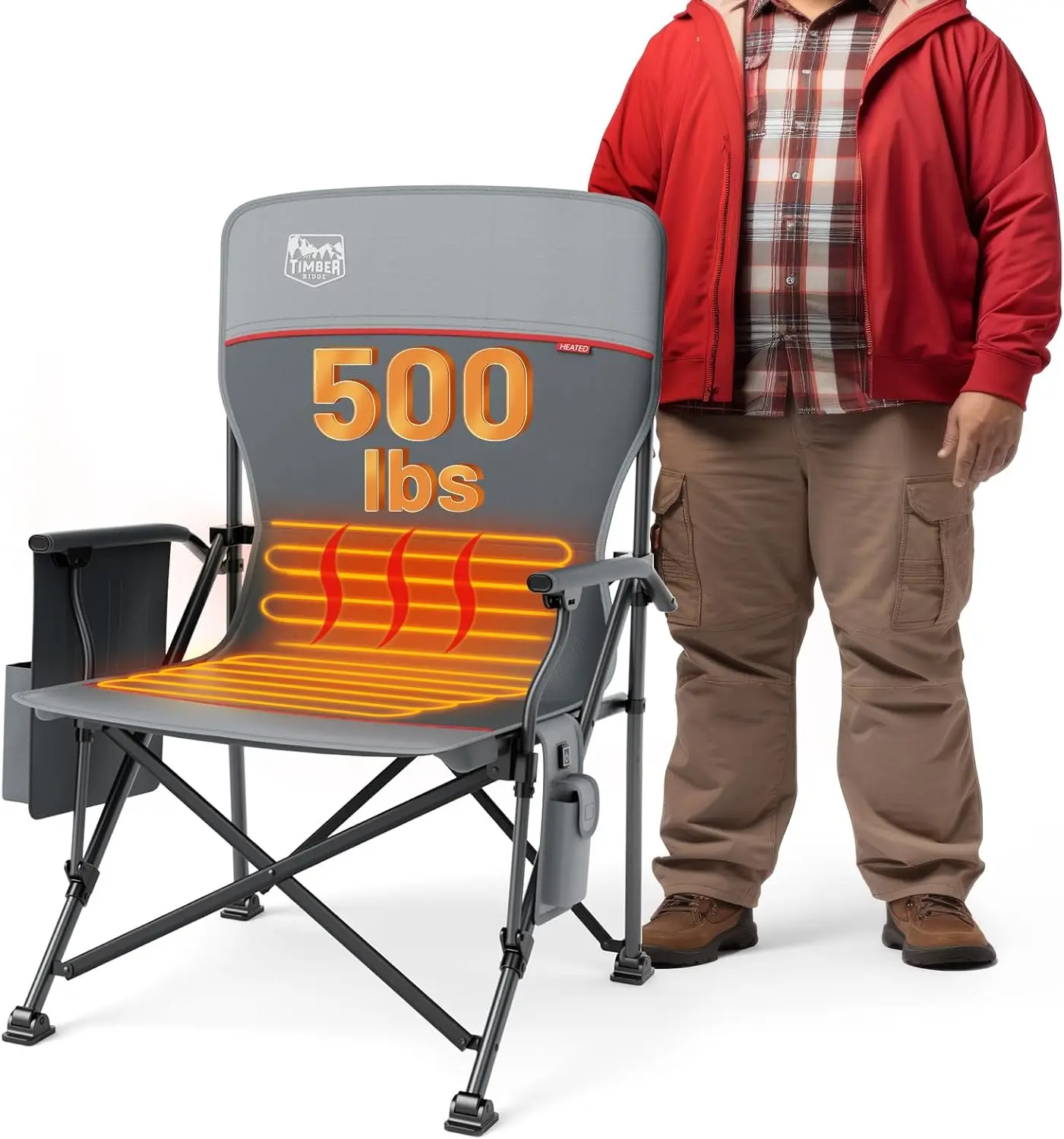 

Oversized Heated Camping Chair with Dual Heating Zones, High Back Support for 500lbs, Cup Holder & Side Pocket