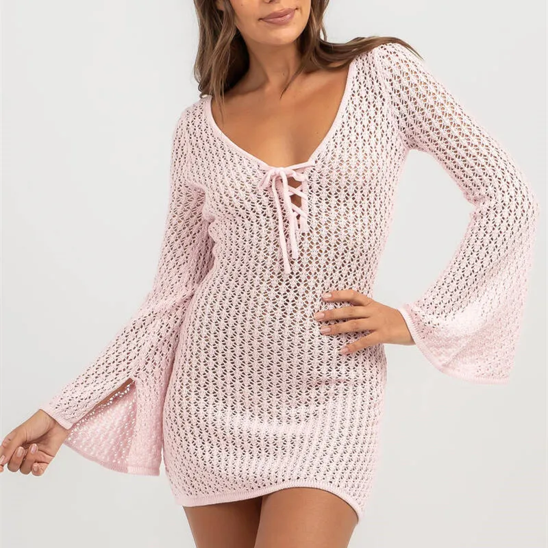 hirigin Women Crochet Cover Up Dress Summer Long Sleeve Hollow Out Knit Mini Dress Sexy V Neck Backless Swimsuit Beach Dress