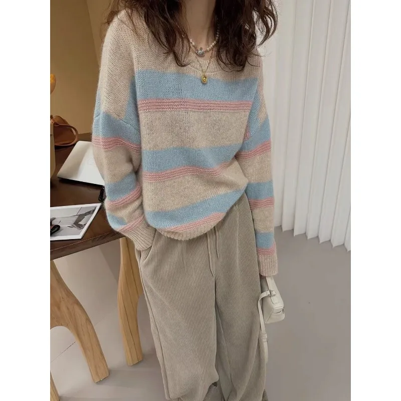 

Осенне-зимние топы, свитера для женщин, свободная верхняя одежда, универсальный круглый вырез с цветными блоками в стиле ретро в корейском стиле