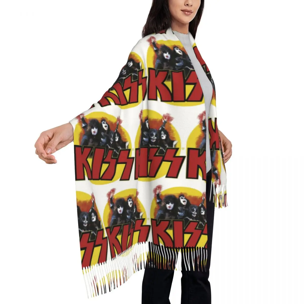 Sciarpa Kiss Heavy Metal Rock Music Band Sciarpe con nappe per donna Scialli e stole morbidi e caldi Grande scialle autunno inverno