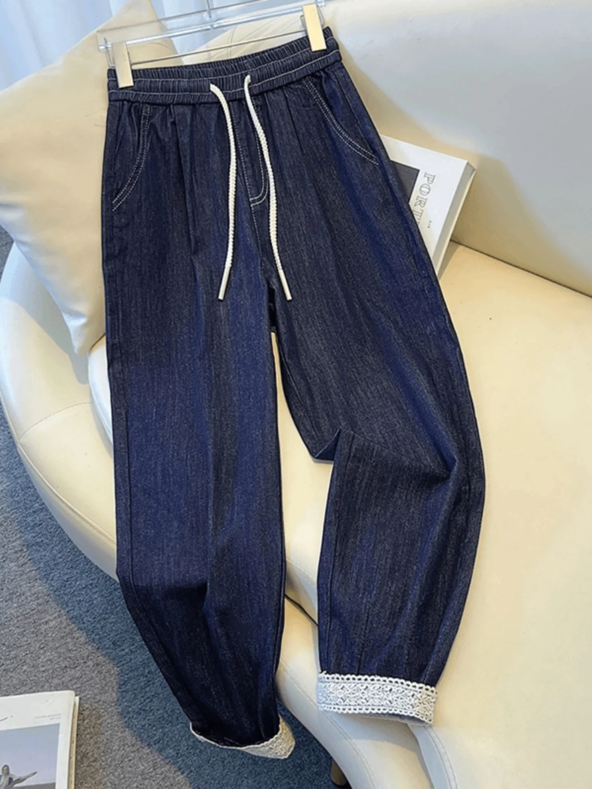 

Deep Blue Lace Patchwork Women's Jeans Spring New plus Size Banana Harlan Carrot Pants High Waist Straight Leg Long Trousers