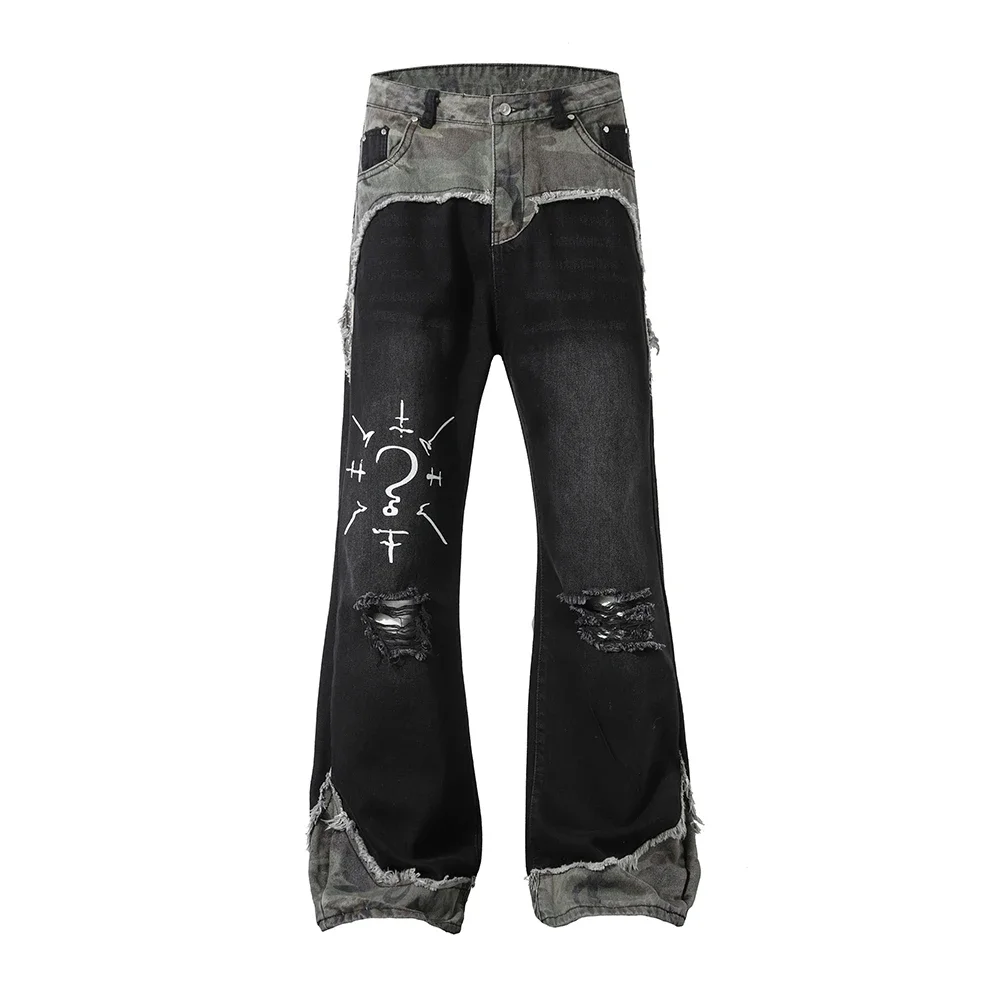 Color Match Embroidery Washed Mens Jeans Pants Vintage Streetwear Patchwork Boot Cut Oversized Ropa Hombre Denim Trousers