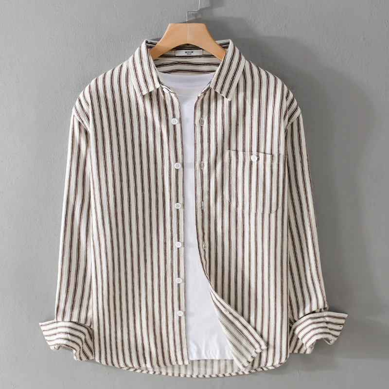 

Trendy Men's Striped irt Casual Long Sve Loose Fit Collar Spring Autumn New Sle Japanese Retro Jaet Coat for Teens
